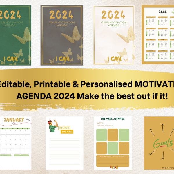 Your Motivation Agenda 2024 Personnalised, Printable & Editable in Canvas Make Best Out of 2024 Chic and Funky Monthly Weekly Agenda