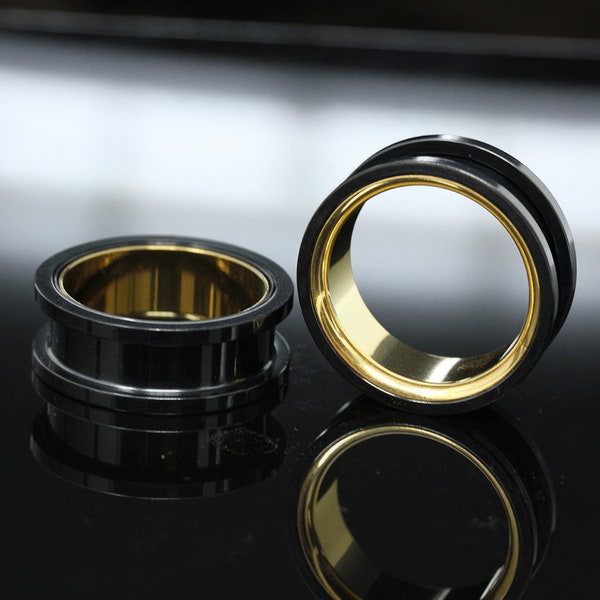 Stainless Steel Black On Gold PLUGS / TUNNEL / GAUGE - Screw On Tunnel