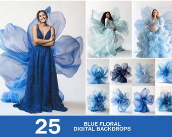 25 Blue Floral Digital Backdrops Organza Maternity Portrait Studio Background Textures Photoshop Graduation Photography Family Photoshoot
