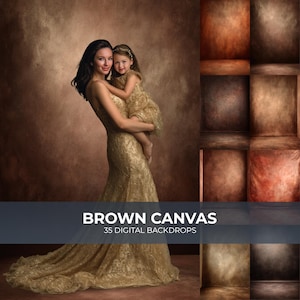 Pode incluir: Uma mulher em um vestido dourado de renda segura uma menina em um vestido combinando. O fundo é uma tela marrom com uma variedade de fundos digitais. O texto na imagem diz "BROWN CANVAS" e "35 DIGITAL BACKDROPS".