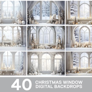 Puede incluir: 40 fondos digitales que muestran una escena de invierno blanca con una vista de ventana de árboles cubiertos de nieve, árboles de Navidad blancos, velas y adornos blancos.