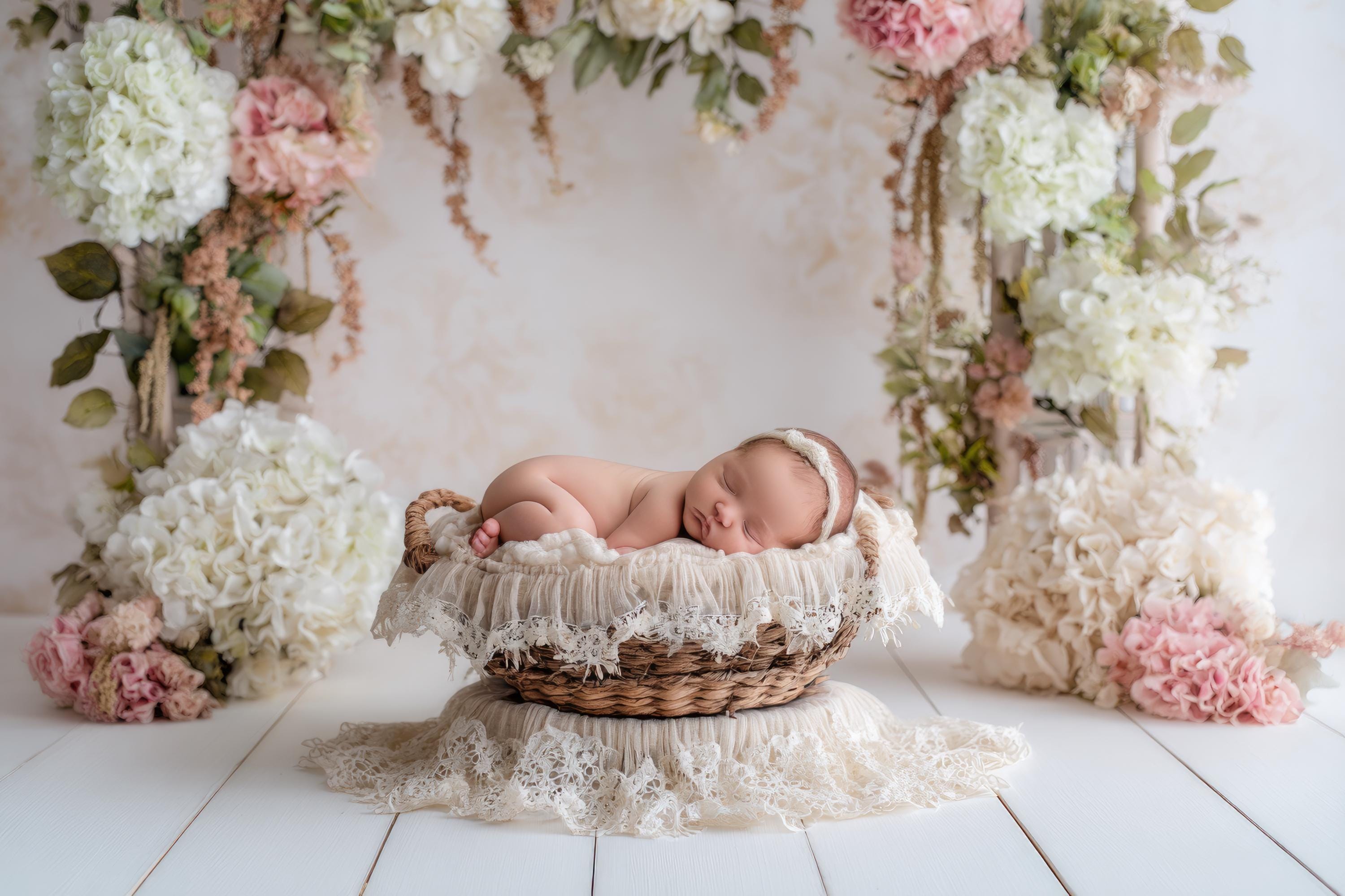 Newborn Baby Digital Backdrop Baby Girl Flower White Cradle Landscape ...