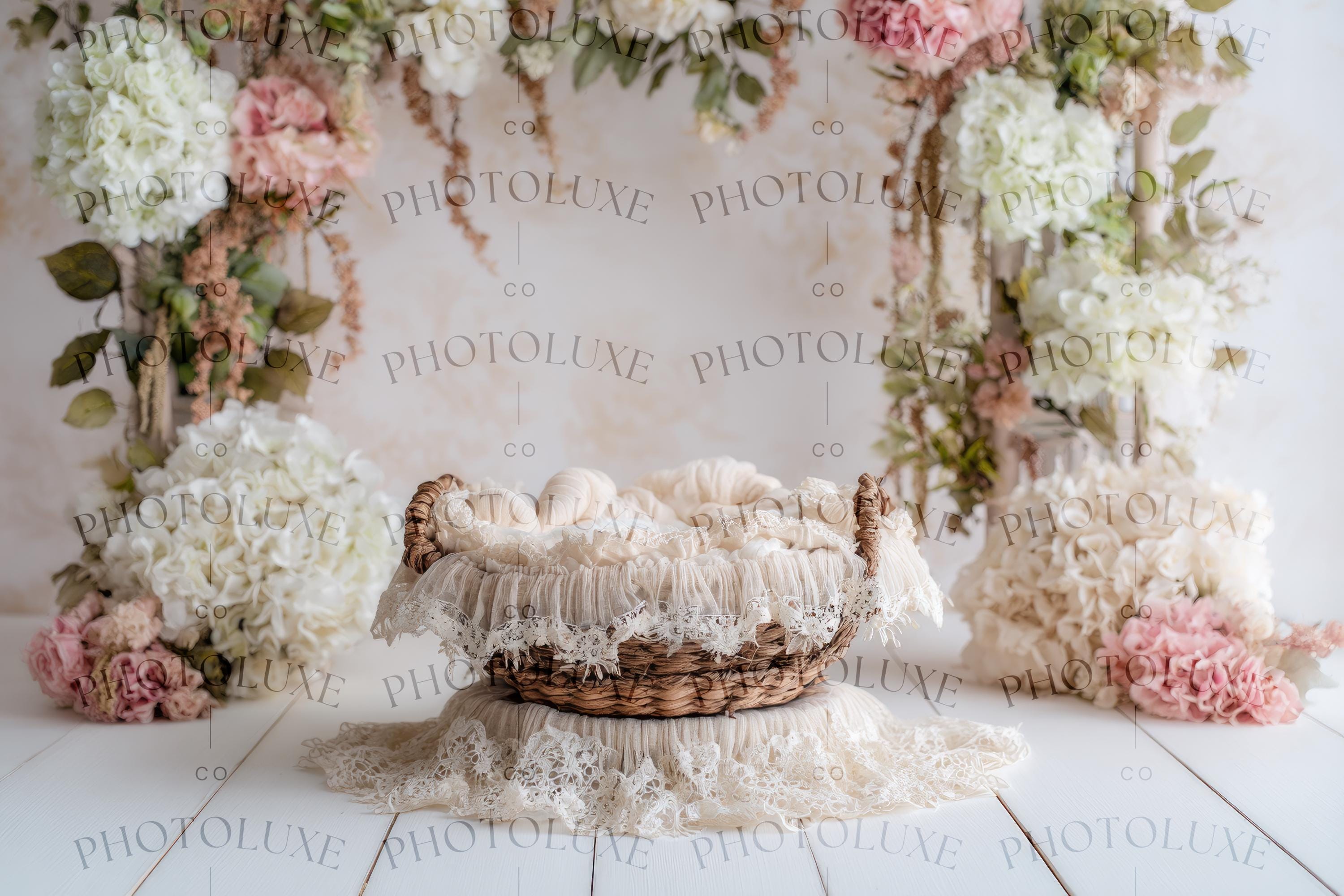 Simple Baby Backdrop Newborn Baby Digital Backdrop Baby Girl Flower White Cradle Landscape ...