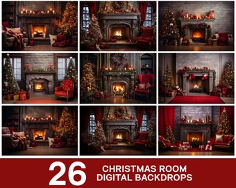 May include: A collection of 26 digital backdrops featuring a Christmas room with a fireplace, a Christmas tree, and decorations. The backdrops are perfect for photographers and designers who want to create festive and magical images.