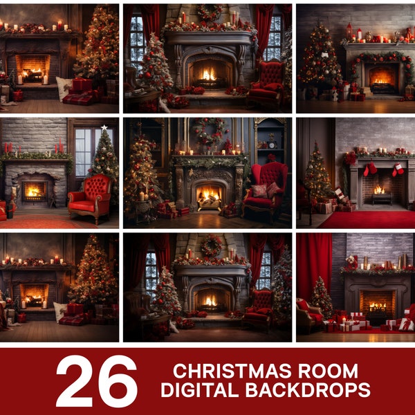 26 Christmas Room Digital Backdrops Overlays Composite Maternity Studio Background Textures Photoshop Winter Christmas Photography Family