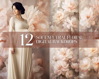 12 Soft Neutral Floral Handpainted Digital Backdrops Overlays Maternity Wedding Bride Studio Backdrop Textures Photoshop