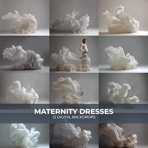 May include: A collection of digital backdrops for maternity photography. The image features a pregnant person wearing a white dress with flowing fabric. The text "MATERNITY DRESSES" and "12 DIGITAL BACKDROPS" is displayed at the bottom.