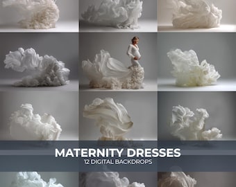 12 fondos digitales de vestidos de maternidad, arte de vestidos blancos de alta costura para Photoshop, superposiciones compuestas, fondo de maternidad, fondo digital