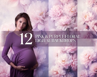 12 Pink & Purple Floral Handpainted Digital Backdrops Overlays Maternity Wedding Bride Studio Backdrop Textures Photoshop