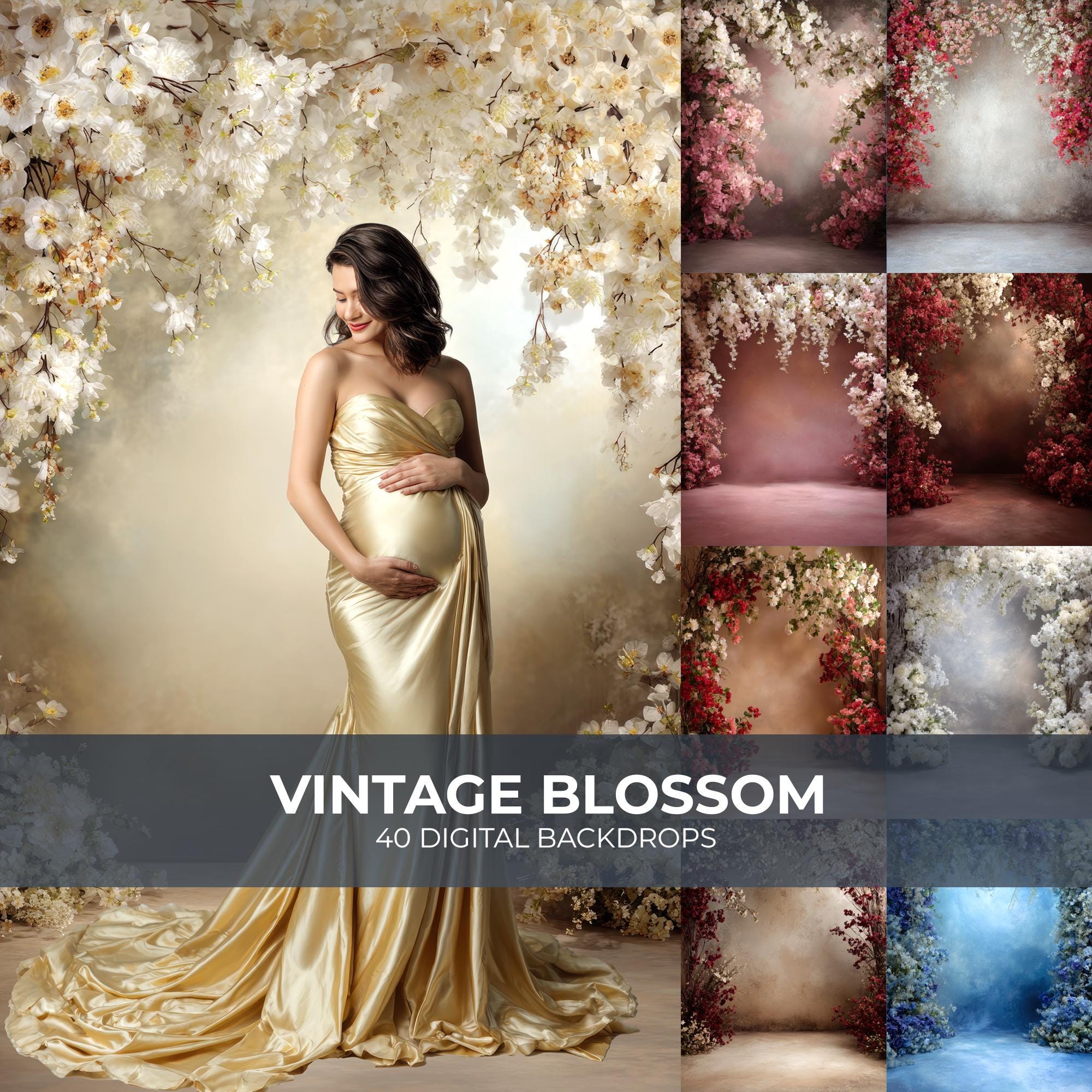 40 Vintage Blossom Digital Backdrops Maternity Backdrop Overlays Studio Backdrop Fine Art Textures Floral Wall Photoshop Canvas Backdrop