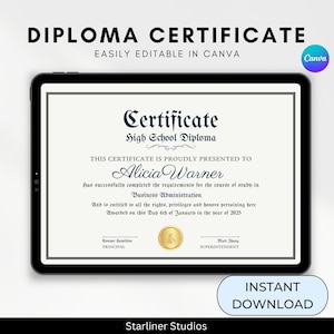 High School Diploma,Printable Certificate with Seal,Diploma Custom Graduation, Gold Seal, Fake Replica, Editable Canva Template, Diploma