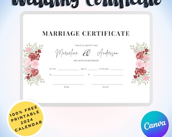 Marriage Certificate, Certificate Template, Editable Certificate, Gift for Couples, Printable marriage - INSTANT DOWNLOAD