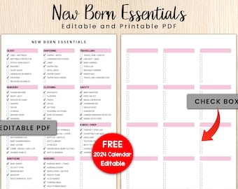 May include: A printable checklist for new parents, with categories for sleep, diapering, travelling, clothing, safety, and 6 months prep. The checklist is divided into sections with checkboxes next to each item. The checklist is pink and white with a pink arrow pointing to the checkboxes. The text "CHECK BOX" is in a white box with a pink border.