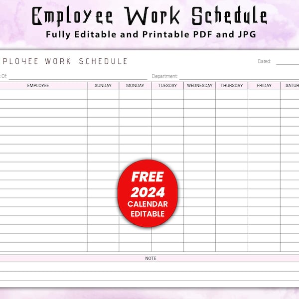 Employee Work Schedule Editable, Employee Work schedule template, Employee Weekly Schedule, Employee Organizer, Editable Office Organizer