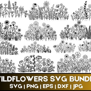 Ensemble SVG fleurs sauvages | Svg prairie de fleurs | Bordure fleurie SVG| Bouquet de fleurs minimaliste| Clipart fleurs sauvages | Svg de croquis de fleurs