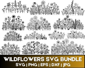 Paquete Svg de flores silvestres/ Prado de flores Svg/ Borde de flores SVG/ Ramo de flores minimalista/ Imágenes prediseñadas de flores silvestres/ Boceto de flores Svg