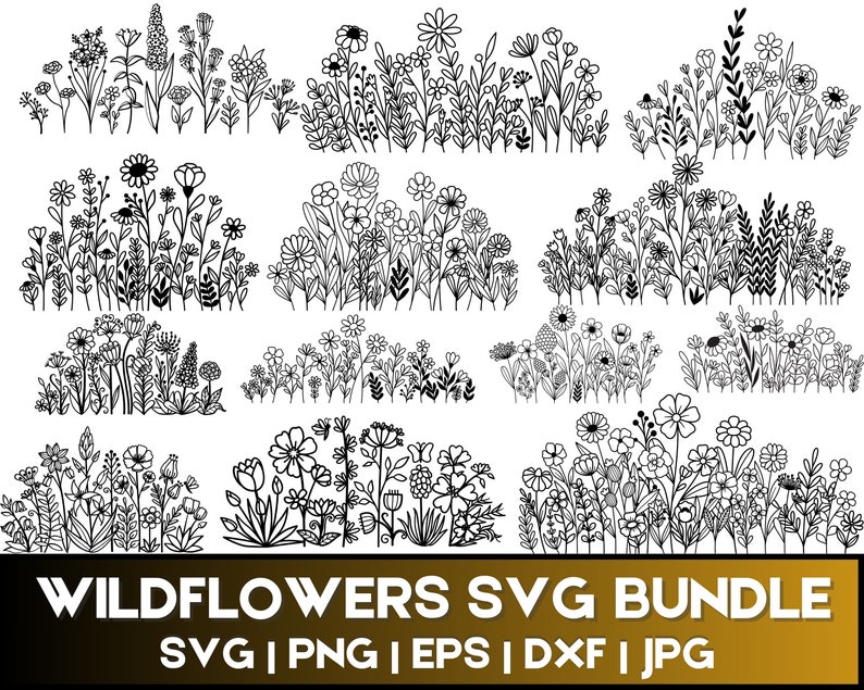 May include: A set of 12 black and white vector illustrations of wildflowers. The illustrations are in a simple, hand-drawn style and feature a variety of different flowers, leaves, and stems. The illustrations are perfect for use in crafting projects, scrapbooking, or digital design.