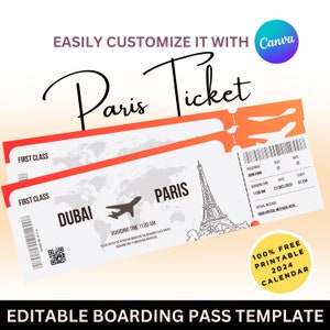 Editable Paris France Surprise Gift Ticket | Paris Boarding Pass Printable Template | Vacation Ticket , Editable Template