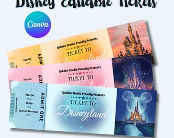 Editable Disneyland Ticket, Surprise Gift, Disneyworld Ticket, Editable Ticket, Surprise Ticket Gift, Canva Editable Template