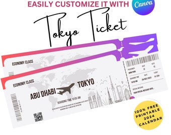 May include: Editable printable boarding pass template with a world map background, featuring a stylised illustration of Abu Dhabi and Tokyo skylines. The text "Tokyo Ticket" is written in a cursive font. The template includes fields for passenger name, seat number, date, boarding time, and a special message. The text "100% Free Printable 2024 Calendar" is also included.