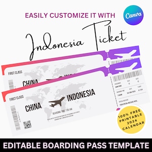 Indonesia Surprise boarding pass ticket, Vacation ticket , editable template, Boarding Pass, Editable Ticket, Personalized Gifts