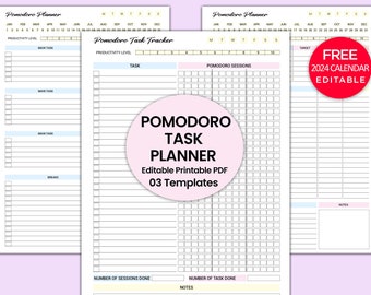 Editable Simple Pomodoro Planner, Productivity Planner, Time Tracker, study session planner, Pomodoro tracker, Study Tracker Editable