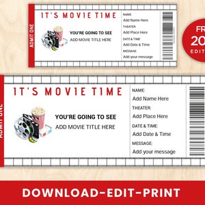 Movie Ticket Invitation, Movie Ticket Template, Movie Ticket Place Card, Editable MOVIE Gift Tickets PDF,  Movie Ticket Birthday Party