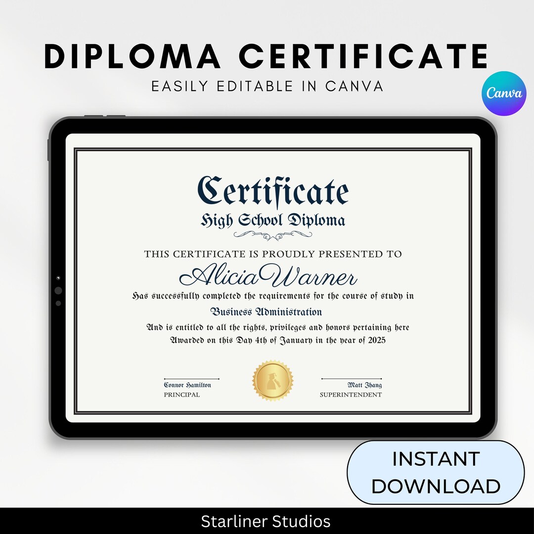 High School Diploma,printable Certificate With Seal,diploma Custom ...