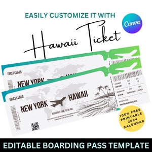 Hawaii Trip Ticket | Bearbeitbare Urlaubskarten | Druckbare HAWAII-Überraschungsreise-Geschenkkarte | Bordkarte | Sofort Download