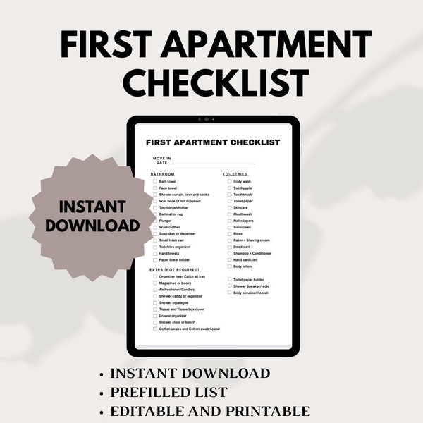 First Apartment Checklist, Printable Editable Canva Template, Moving Checklist, New Apartment Needs Checklist, Instant Download PDF