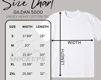 May include: Size chart for Gildan 5000 unisex heavy cotton tee shirts. The chart shows the width and length measurements in inches for sizes S, M, L, XL, 2XL, and 3XL.