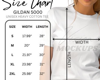 May include: A white Gildan 5000 unisex heavy cotton tee shirt with a size chart. The chart lists sizes S through 3XL, with corresponding width and length measurements in inches. The shirt is being modeled.