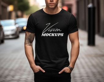 Black Bella Canvas 3001 Mockup, Male Model Mockup, Street style Male Mockup, Black Tea Mockup Outdoor, Model 3001 Mockup, Bella Canvas Male