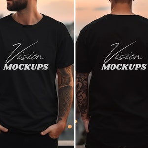 May include: A black t-shirt with the text "Vision Mockups" in white lettering on the front and back.