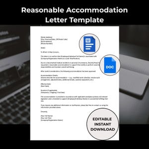 Puede incluir: Una plantilla de carta blanca titulada "Reasonable Accommodation Letter Template" con un icono de documento azul y el texto "Editable Instant Download". El documento incluye campos para la dirección, la fecha y la información del empleado.