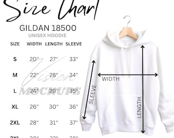 May include: Size chart for a Gildan 18500 unisex hoodie. The chart shows measurements in inches for width, length, and sleeve length for sizes S, M, L, XL, 2XL, and 3XL.