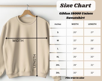 Tabla de tallas Gildan 18000, Tabla de tallas unisex para hombres y mujeres, Guía de tallas de sudadera, Sudadera de tallas Gildan 18000, Guía de tallas Gildan, S-3XL