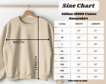 Puede incluir: Tabla de tallas para una sudadera unisex Gildan 18000. La tabla muestra el ancho y la longitud en pulgadas para las tallas S a 5XL.  Talla real.