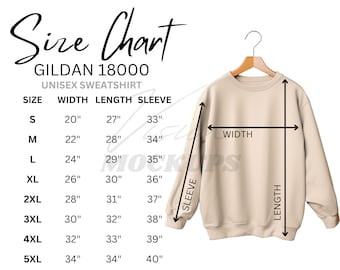 Puede incluir: Tabla de tallas para una sudadera unisex Gildan 18000. La tabla muestra el ancho, la longitud y la longitud de la manga en pulgadas para las tallas S a 5XL.