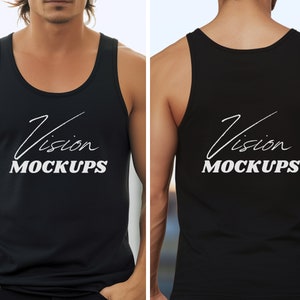 Schwarz und Vorderseite Bella Canvas 3480 Mockup, Herren Tank Top Mockup, Schwarze Leinwand 3480, Muskulöses Modell Mockup, Gym Tank Top Mockup, Herren Mock