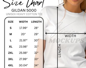 May include: A white Gildan 5000 unisex heavy cotton tee shirt with a size chart. The chart shows measurements for sizes S to 5XL, with widths ranging from 17.99" to 31.97" and lengths from 28" to 35".