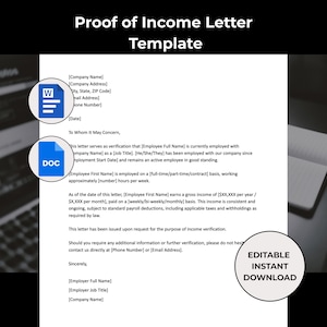 May include: A white document titled "Proof of Income Letter Template" with placeholder text. Includes a Word document icon and a DOC icon. The document is labeled "Editable Instant Download."