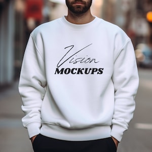 Gildan 18000 Mockup da uomo bianco, Mockup di felpa da uomo, Mockup di streetwear, Mockup di maglione Gildan, Mockup di felpa Gildan 18000, Mock maschile