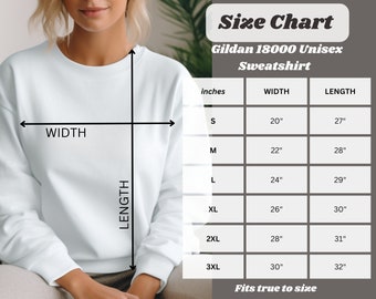 Gildan 18000 Size Chart, Gildan 18000 Unisex Size Guide, Sweatshirt Size Mockup Guide, Minimalist Background Gildan 18000 Size Chart, S-3XL