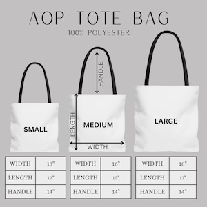 May include: Three tote bags in different sizes: small, medium, and large. The bags are white with black handles and are made of 100% polyester. The dimensions of each bag are listed below: Small: Width 13 inches, Length 12 inches, Handle 14 inches. Medium: Width 16 inches, Length 15 inches, Handle 14 inches. Large: Width 18 inches, Length 17 inches, Handle 14 inches.