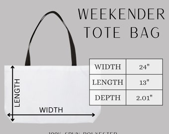 Weekender Tote Bag Size Chart Mockup, Weekender Size Guide, Travel Weekender Tote Bag Mockup, Tote Bag Sizing Table, Tote Bag Size Guide