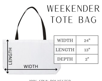 Weekender Tote Bag Size Chart Mockup, Weekender Size Guide, Travel Weekender Tote Bag Mockup, Tote Bag Sizing Table, Tote Bag Size Guide
