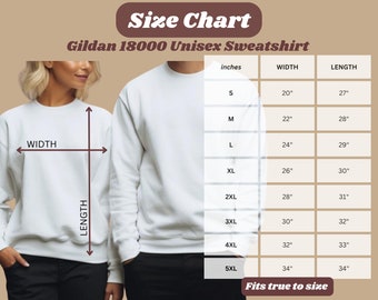 Puede incluir: Tabla de tallas para una sudadera unisex Gildan 18000. La tabla muestra las medidas en centímetros para las tallas S a 5XL. La imagen incluye una persona que lleva la sudadera y el texto "Fits true to size."