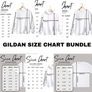 May include: Size chart for Gildan 5000 unisex heavy cotton tee, Gildan 18500 unisex hoodie, and Gildan 5000 unisex heavy cotton tee. The chart shows the width and length measurements for each size, from S to 5XL.