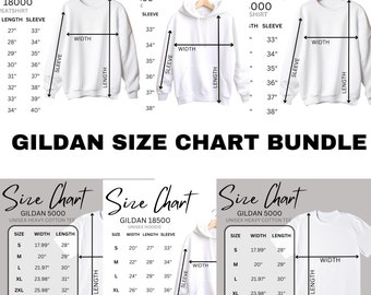 May include: Size chart for Gildan 5000 unisex heavy cotton tee, Gildan 18500 unisex hoodie, and Gildan 5000 unisex heavy cotton tee. The chart shows the width and length measurements for each size, from S to 5XL.